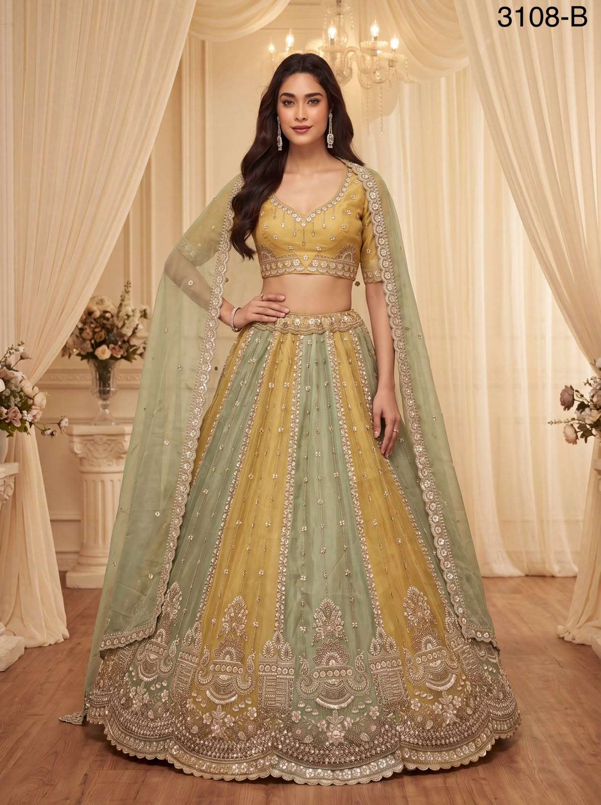 Partywear pastel Color beautiful Satin Silk fancy fabric Lehenga Choli reseller in surat 3108
